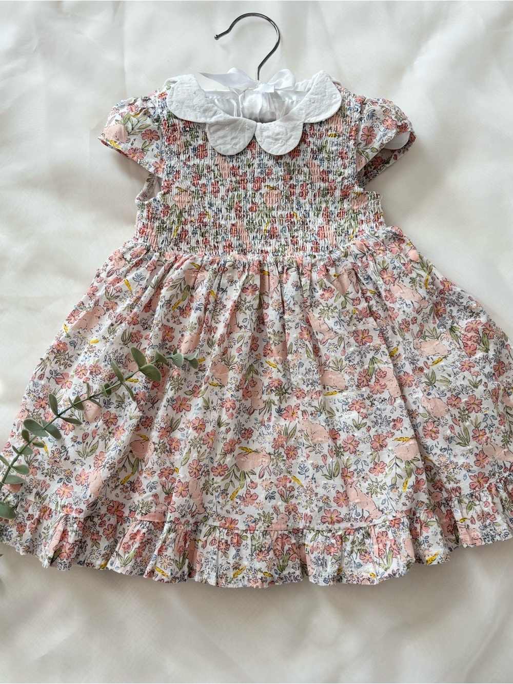 Haute Hippie Pink Floral Smocked Dress with White Peter Collar